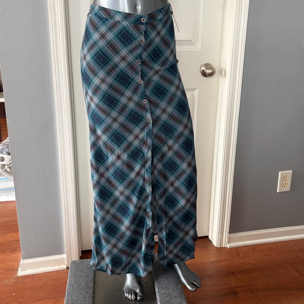 NWT Teal, Blue, Gray and Brown Plaid Button-Front Maxi Skirt with Slit